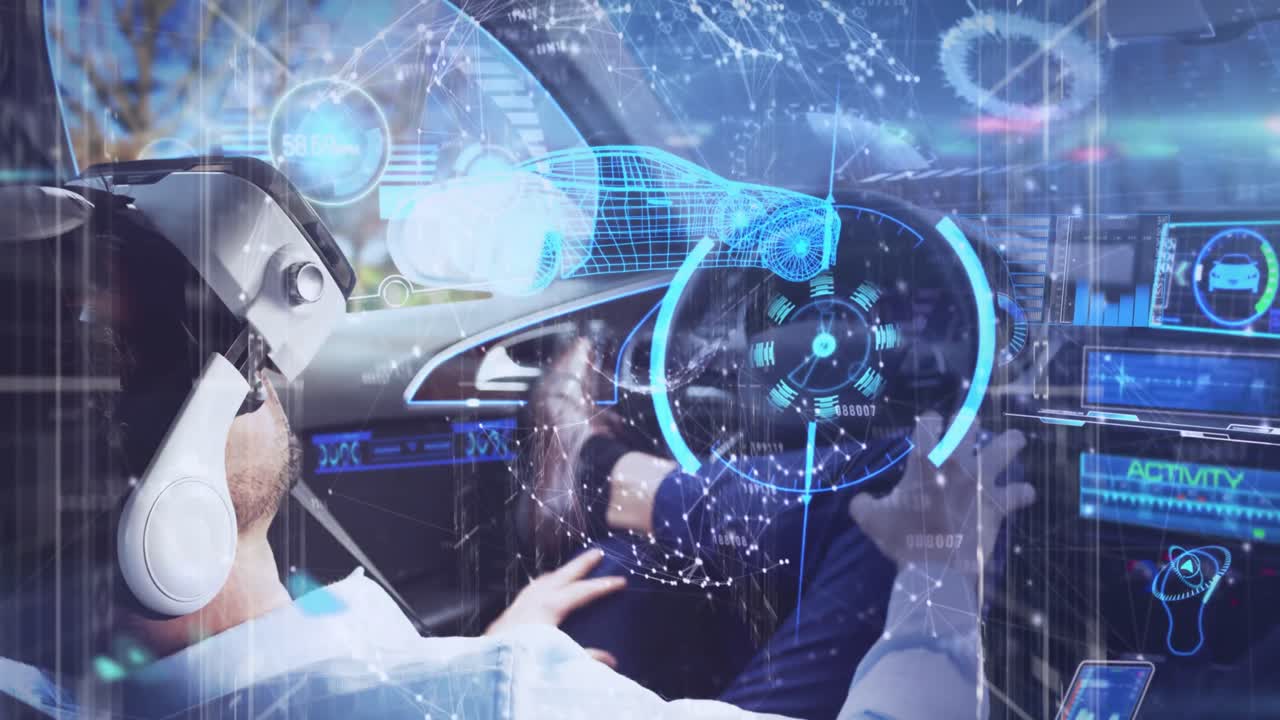 자동차에 앉아 vr 헤드을 착용한 백인 남성의 데이터 처리 애니메이션