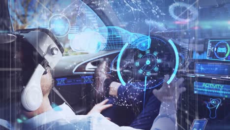 animación de procesamiento de datos sobre hombre caucásico que usa auriculares vr sentado en el coche