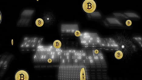 Animation of bitcoin currency icons financial data processing over binary coding