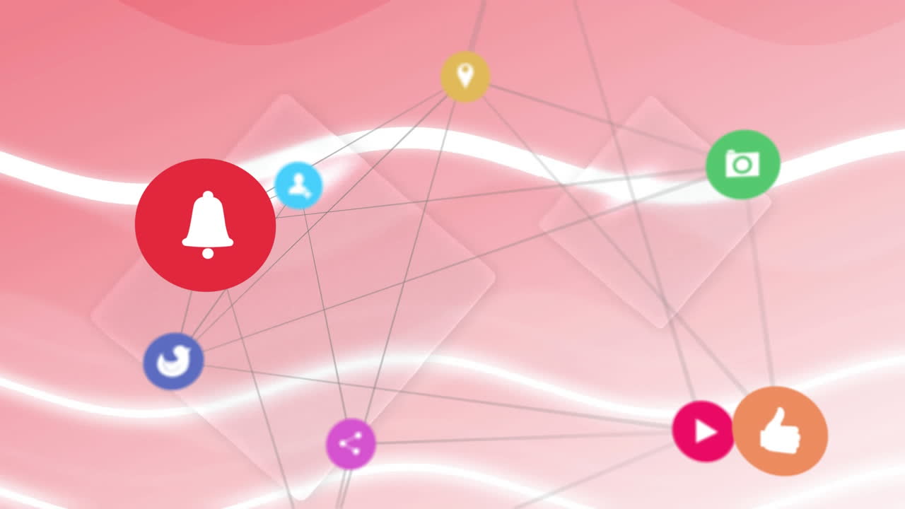 다채로운 배경에 있는 미디어 아이콘 네트워크의 애니메이션