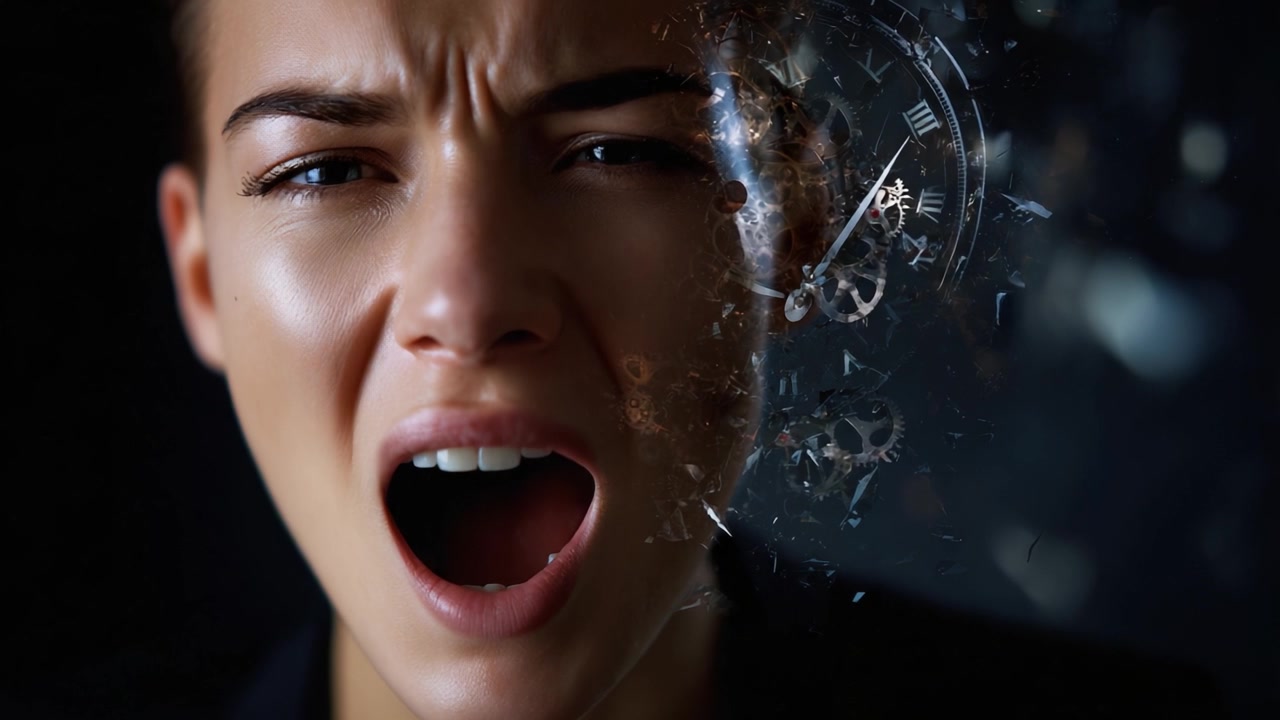 A powerful expression of emotion as a woman shouts, with a visual metaphor of a shattered clock, symbolizing urgency, time, and the soul's cry for liberation.