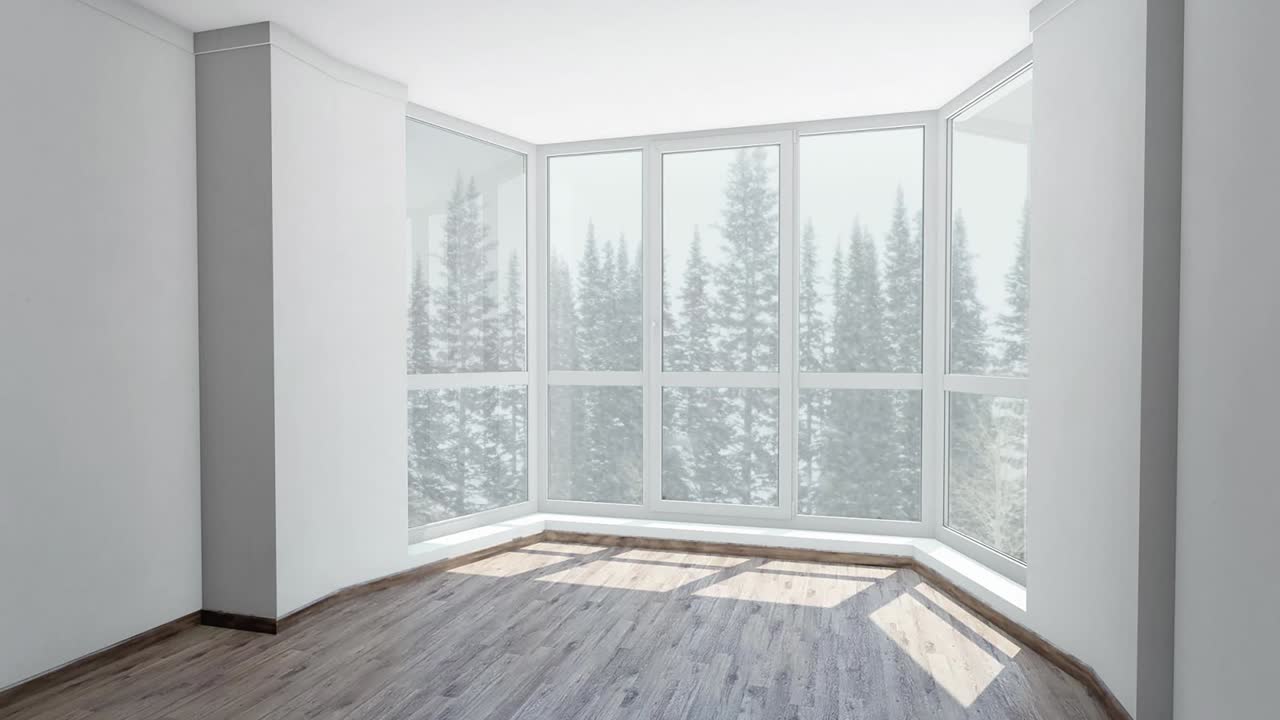 vista desde la ventana de la bahía en una habitación brillante en la nevada en el fondo bosque de invierno. placa de fondo, fondo de video clave de croma.