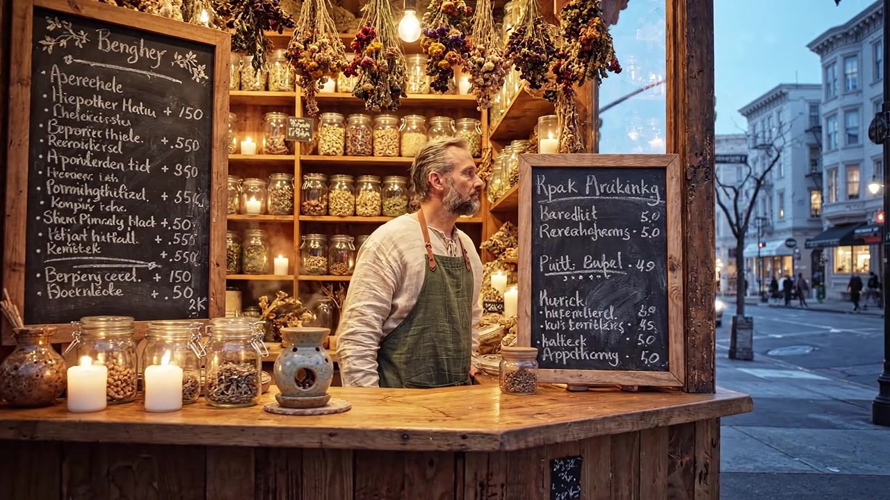 Charmanter Handwerksmarktstand mit einer Vielfalt an Gewürzen und Kräutern und einem sachkundigen Verkäufer in einem rustikalen Holzaufbau während der abendlichen Blauen Stunde.