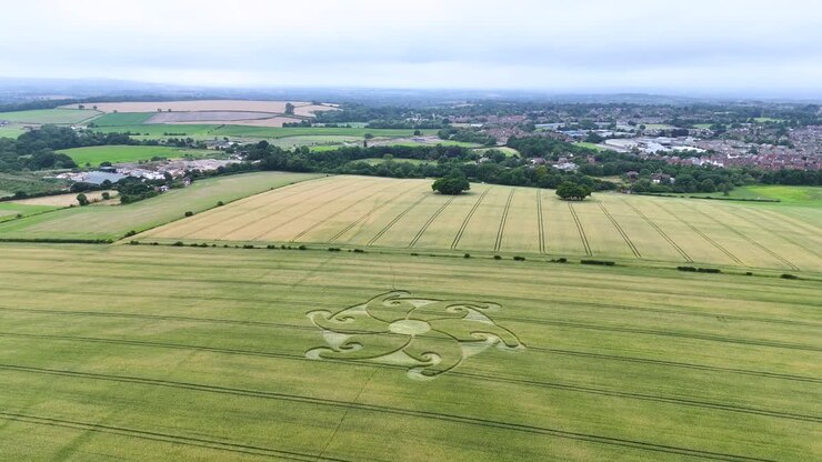 Aerial view focusing on crop circles in Etchilhampton, Wiltshire in England - Tracking shot from the sky.