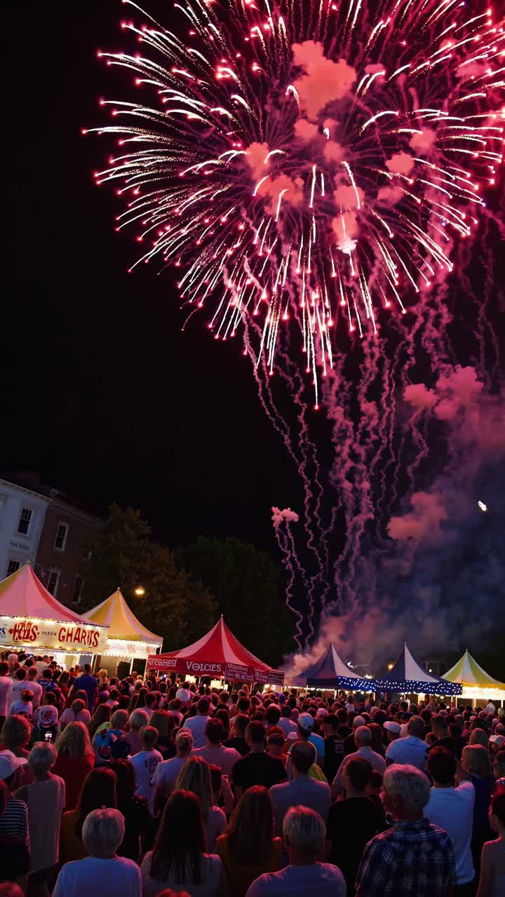 Large crowd celebrating under a stunning display of pink fireworks lighting up the night sky, creating a vibrant atmosphere over bustling food stalls at a city festival
