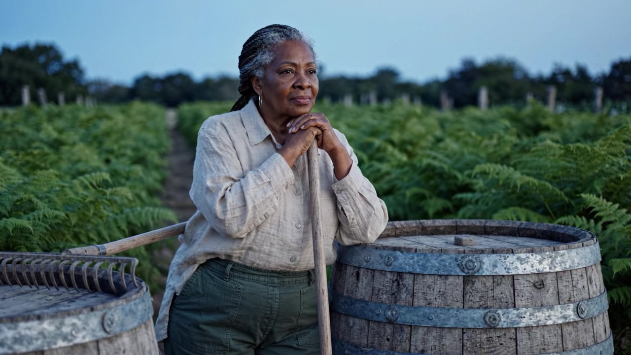 Un'agricoltrice contemplativa si erge tra una vegetazione lussureggiante, appoggiata alla sua zappa accanto a botti di legno sotto un sereno cielo serale, mostrando resilienza e connessione con la natura
