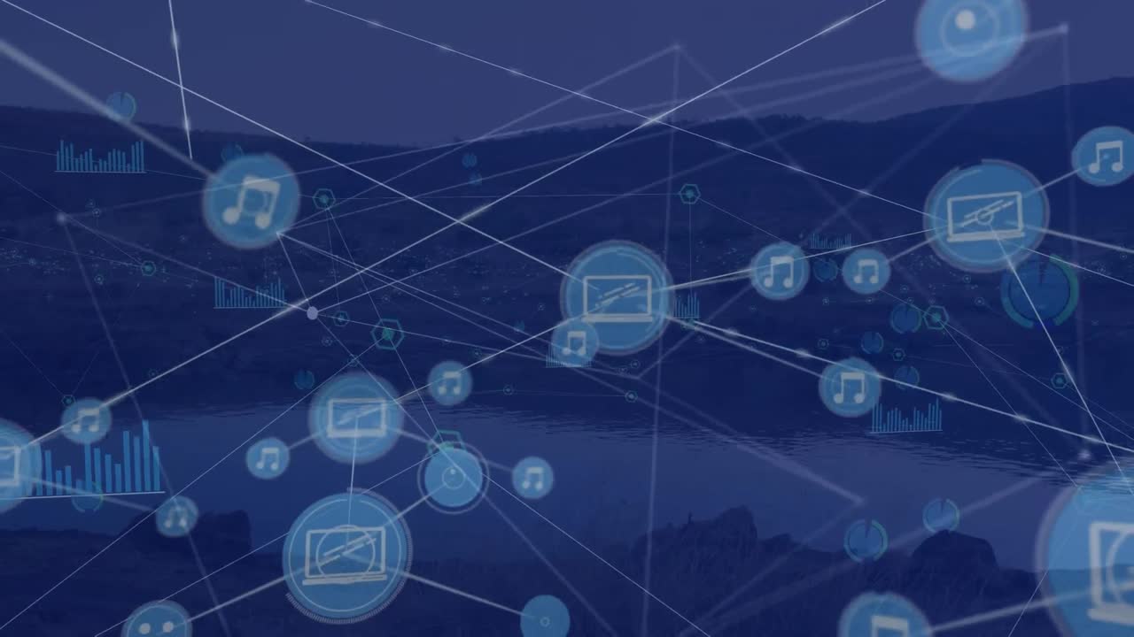 Animation of network of connections with icons over landscape