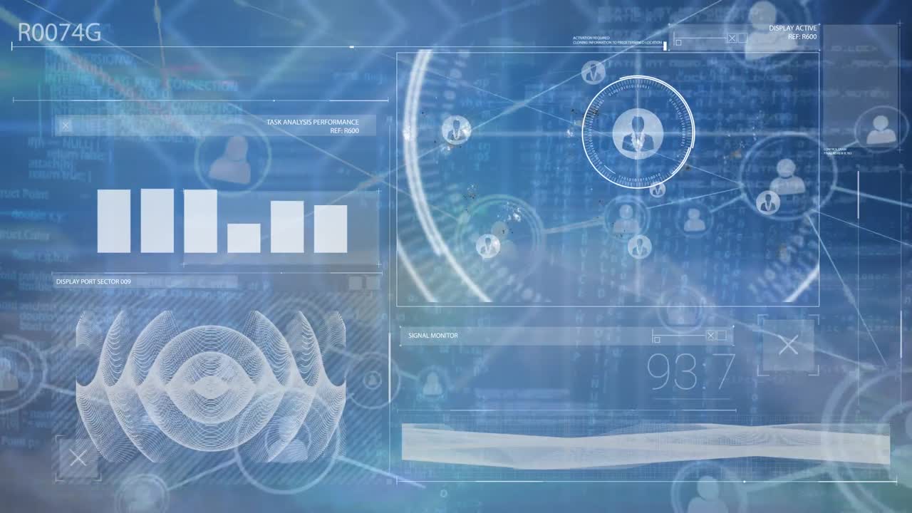 파란 화면의 아이콘으로 다양한 데이터와 연결 네트워크의 애니메이션