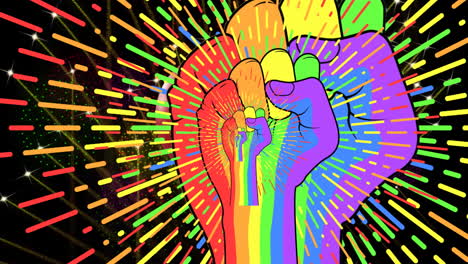 Animation-of-diminishing-rainbow-fists-and-radiating-lines-on-black-background