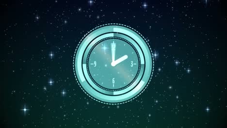 animation of clock with moving hands over glowing stars on black background