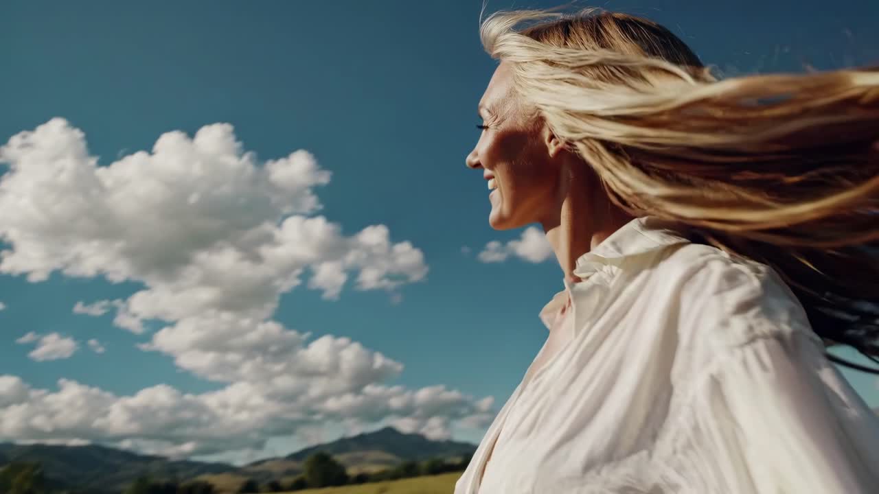 Una donna con i capelli fluenti sorride su uno sfondo di cielo blu con nuvole.