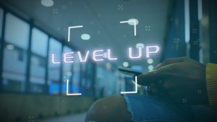 Animation of level up text and data processing over african american woman using smartphone
