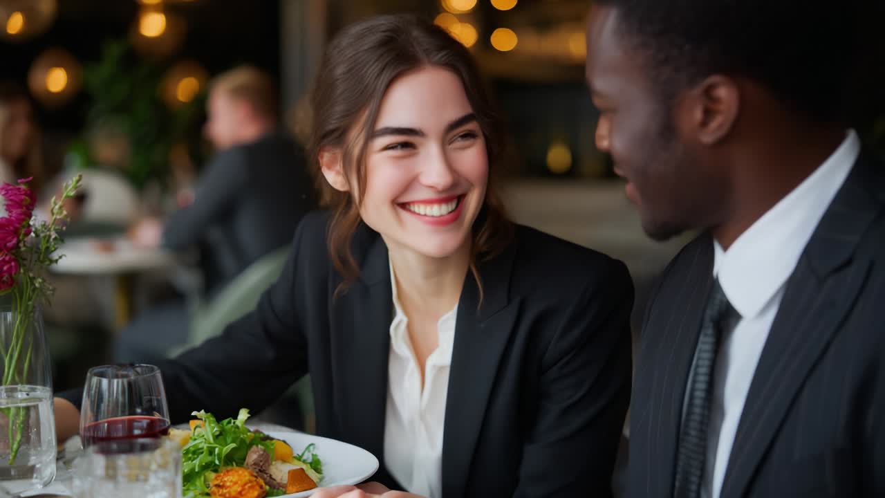 A joyful dining experience shared between two individuals in elegant attire, enjoying a delicious meal together in a cozy, warmly-lit restaurant environment, full of laughter and connection