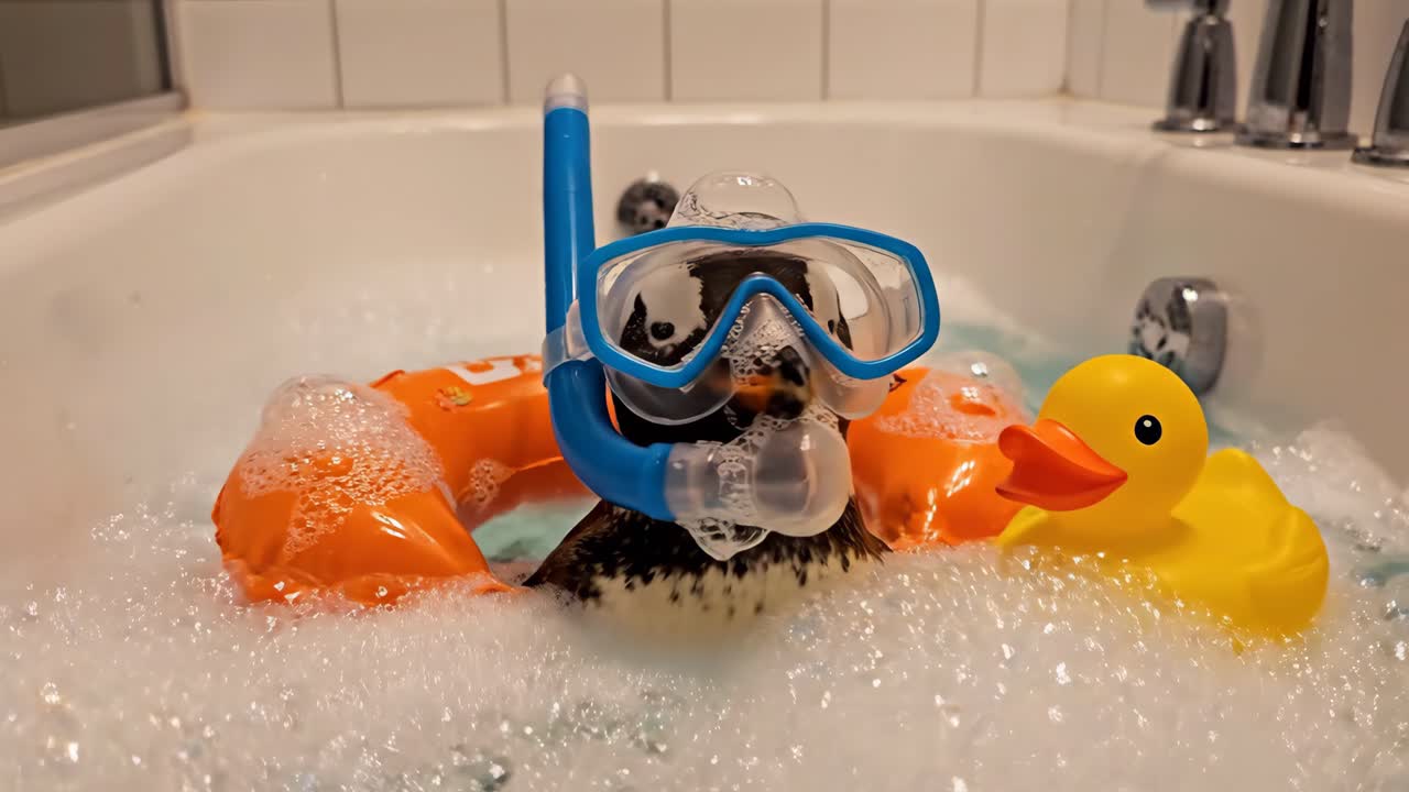 Penguin enjoying a bubble bath with a rubber ducky and snorkel