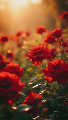 red roses in a garden at sunrise/sunset