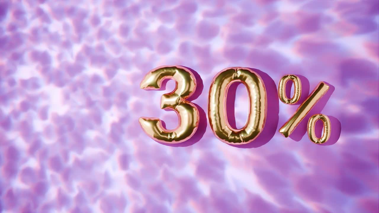 30% dorado flotando por encima de las ondas de agua en fondo rosa