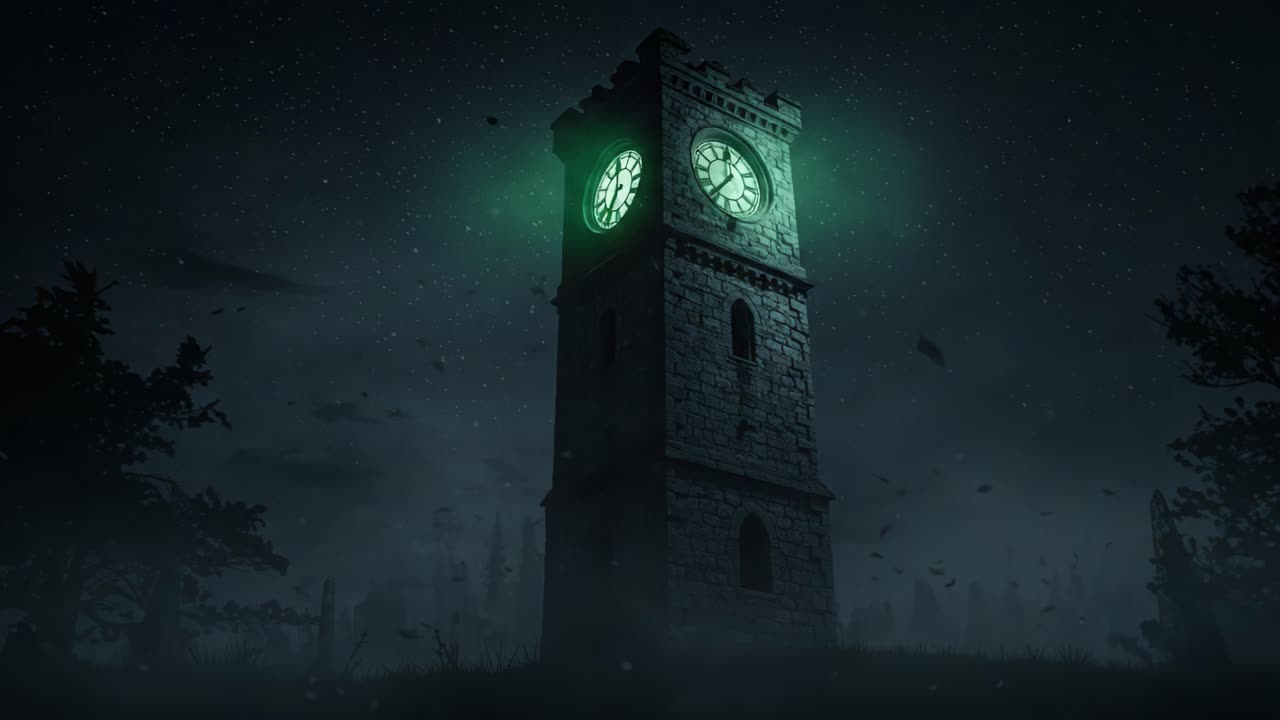 Una misteriosa torre dell'orologio illuminata da inquietanti luci verdi sotto un cielo notturno nebbioso, creando un'atmosfera spettrale piena di intrigo e suspense.