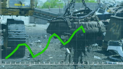 green line graph animation over industrial machinery lifting scrap metal