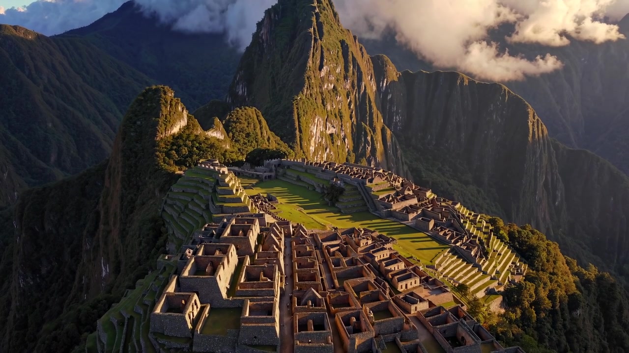 Vista Aerea delle Rovine di Machu Picchu al Tramonto
