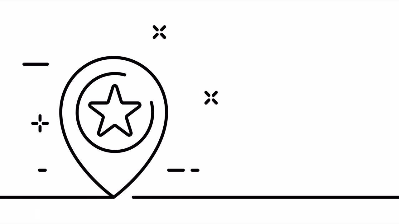 Continuous line art drawing geolocation. Single line drawing, solid line. One line animation of favorite place, location and trip. Video 4K