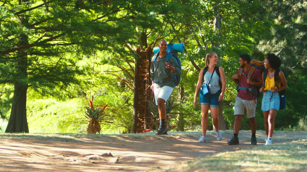 grupo de amigos con mochilas usando gps en el teléfono móvil en vacaciones de senderismo en el campo