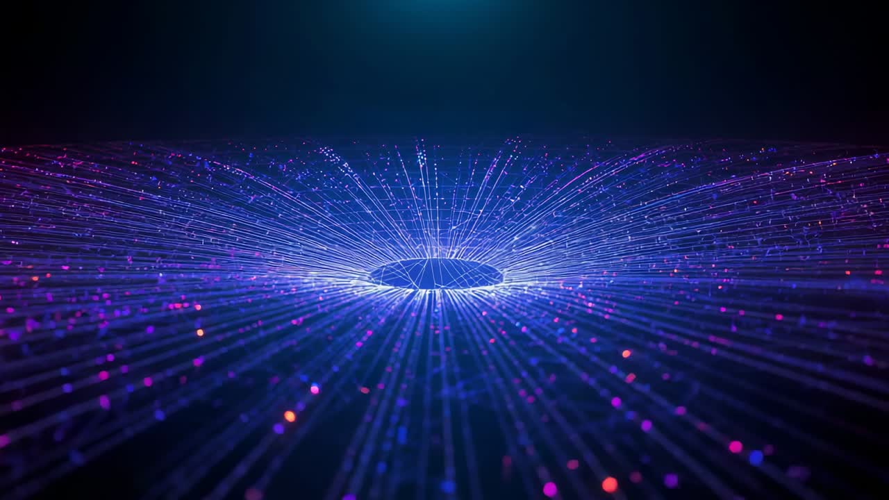 Opening circular void sending thousands bright lines and particles and pulsing in cyberspace