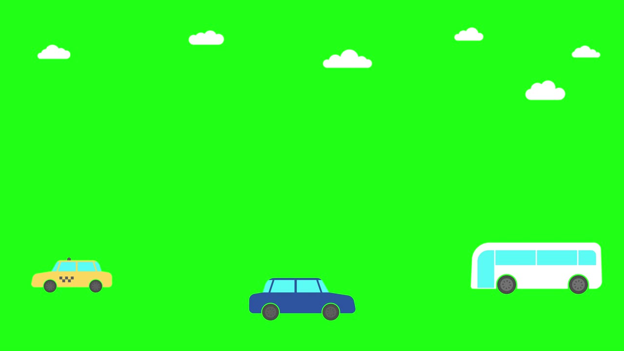 autobús blanco, coche azul, taxi amarillo en movimiento. nubes blancas se mueven. en movimiento: nubes por encima, vehículos por debajo. animación de dibujos animados aislados en un fondo verde. animación en 2d en bucle en la tecla de croma.