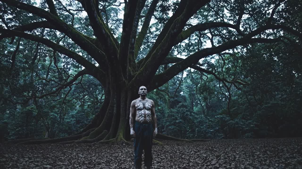 Muscular man stands confidently beneath a sprawling ancient tree, showcasing strength and resilience, surrounded by lush greenery and earthy textures in a mystical forest setting