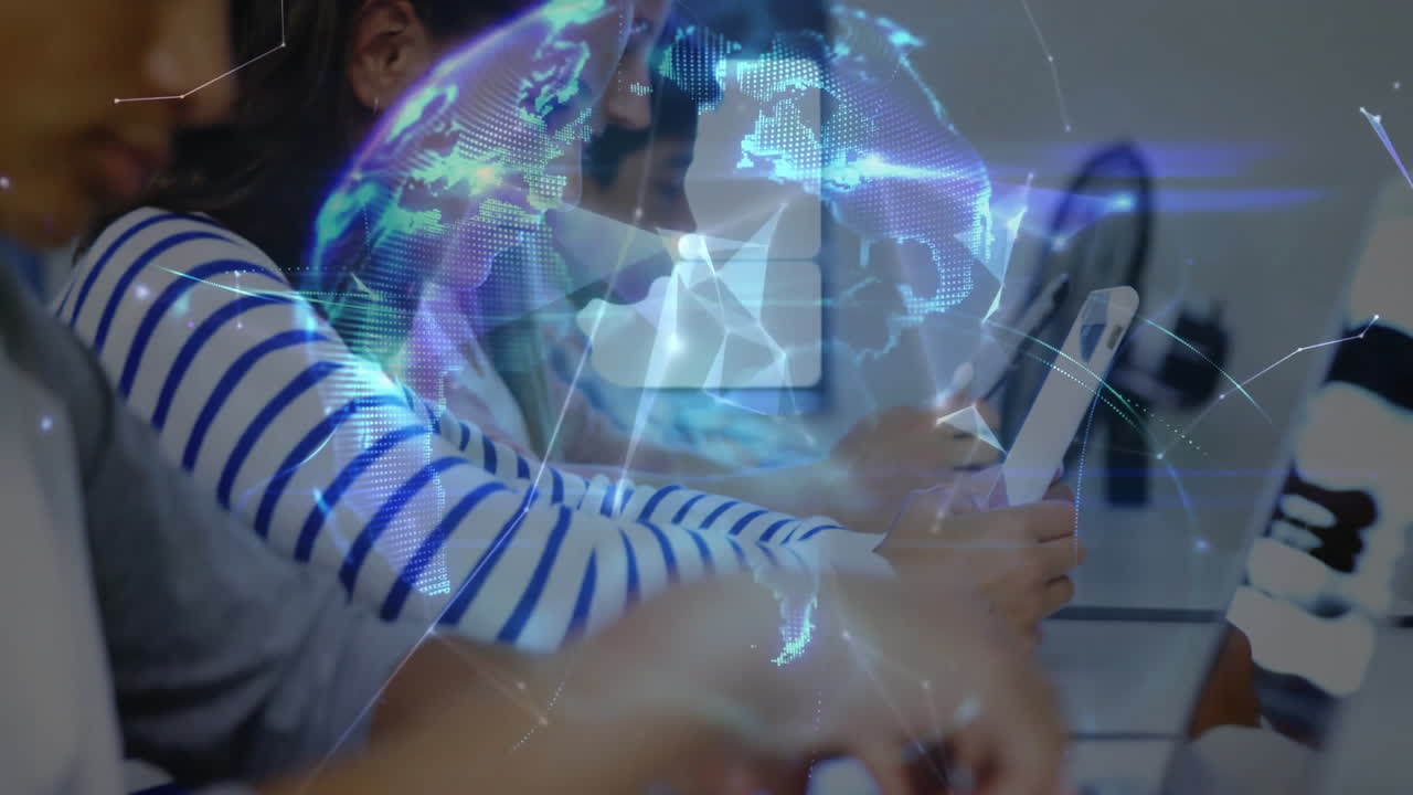 Global network animation over people using smartphones and tablets in classroom