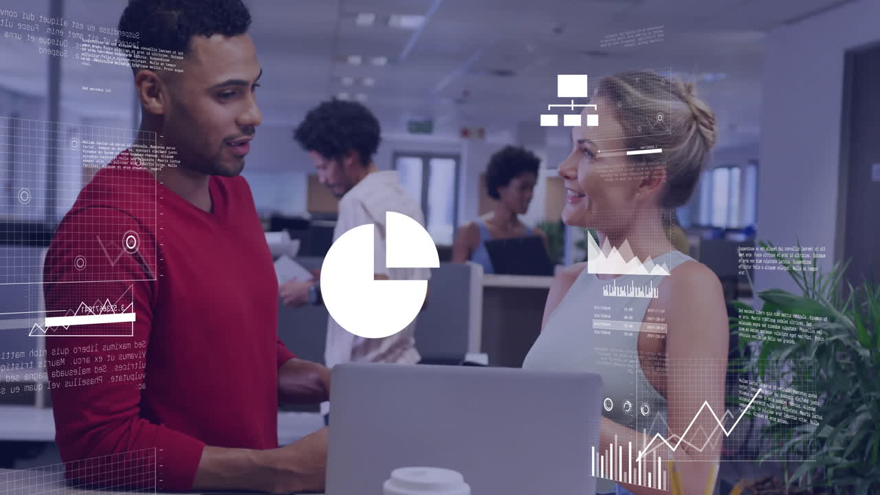 Animation of financial data processing with icons over diverse colleagues using laptop in office