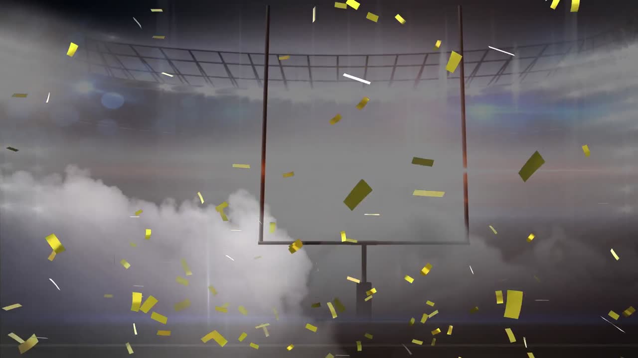 animación de confeti cayendo y niebla sobre el estadio vacío