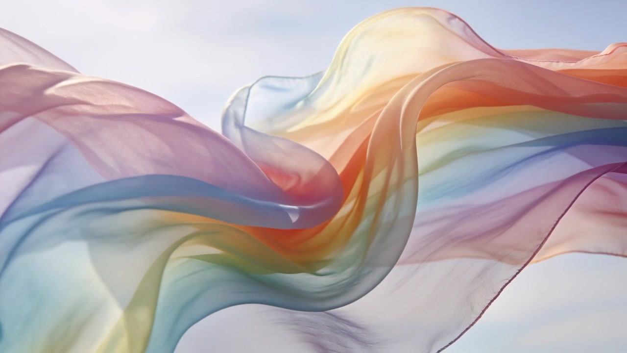 Tessuto di chiffon multicolore ondeggiante che si attorciglia nel cielo pallido, con la brezza che solleva gli strati retroilluminati.