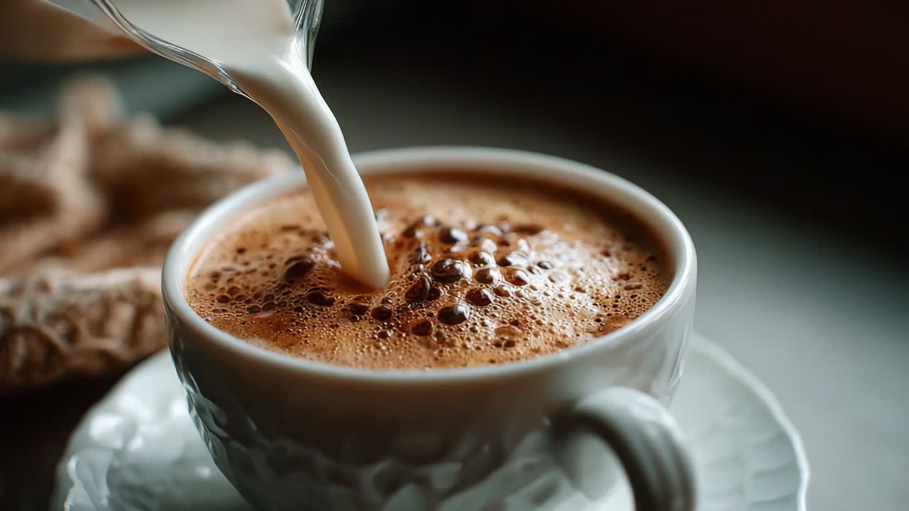 Milk being poured into a cup of coffee