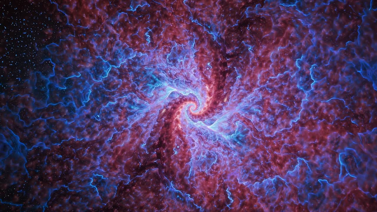 A mesmerizing top-down view of a swirling galaxy with vibrant blue and red hues, resembling a cosmic