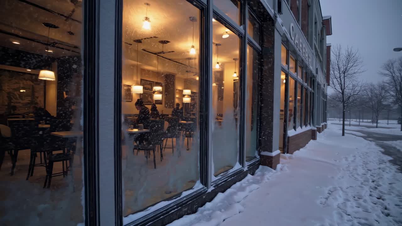 Cozy cafe scene captured from a low-angle, exterior view, showcasing warm lighting and snowy