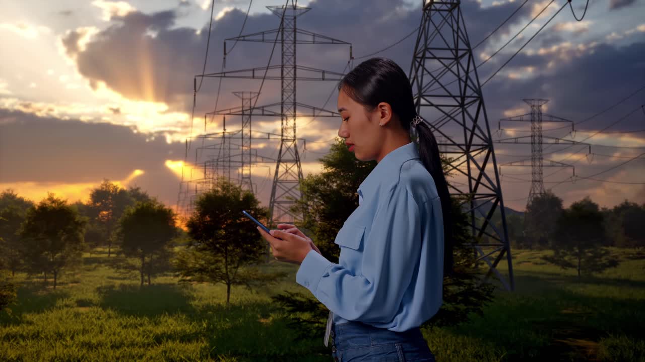 Giovane donna usa lo smartphone vicino ai tralicci dell'elettricità al tramonto