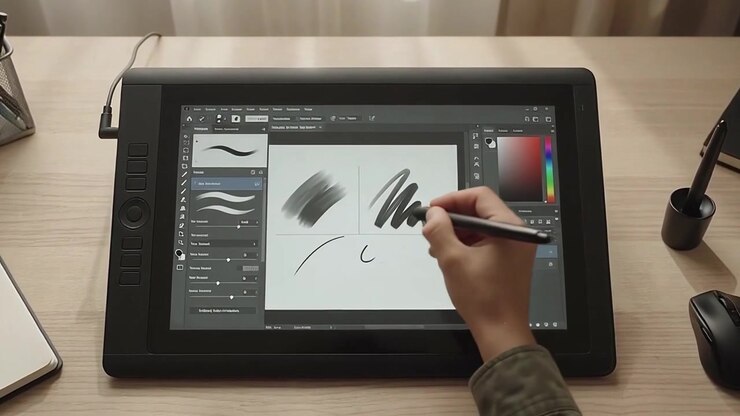 Artista desenhando em mesa digitalizadora em estúdio