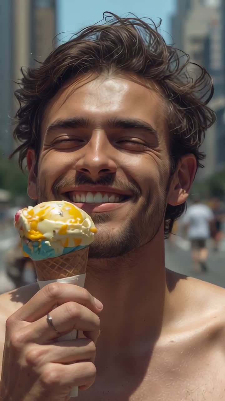 Vídeo vertical: hombre sonriente y sin camiseta saboreando un brillante cono derretido bajo el sol en una calle de la ciudad, con un anillo
