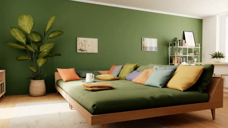 cozy green living room with large sofa and indoor plant