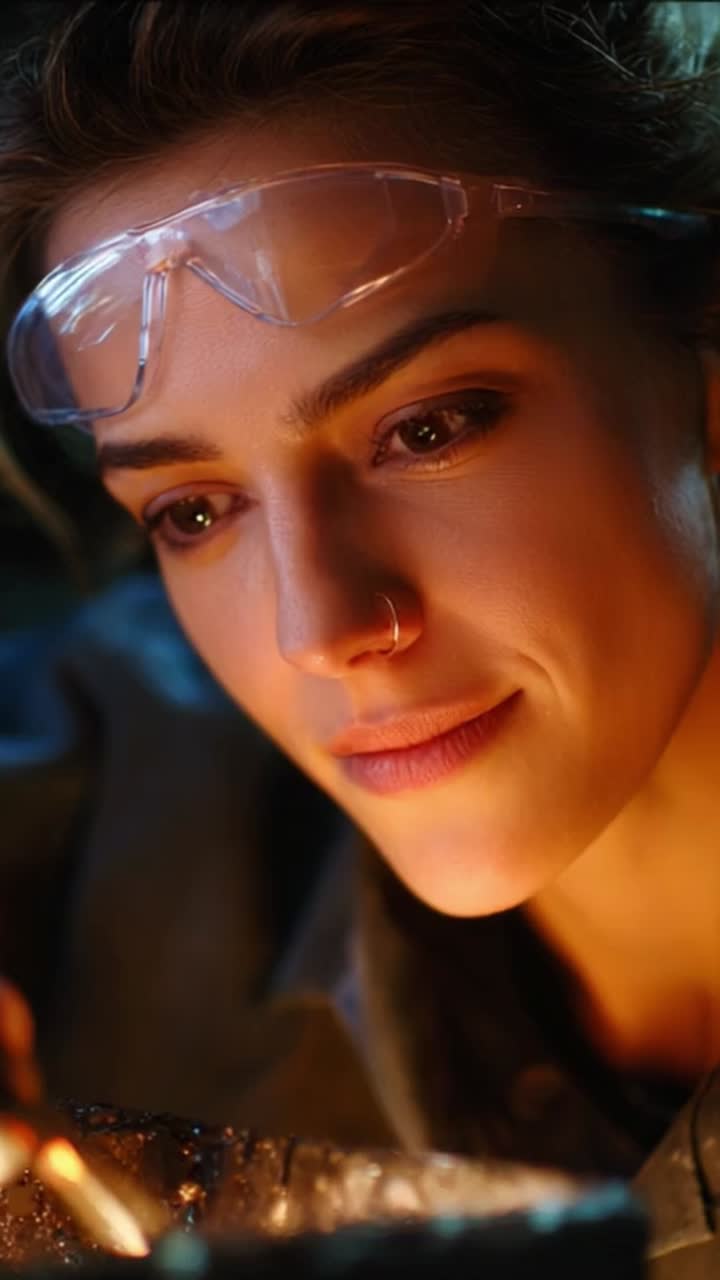 Focused Expression of a Person in Safety Goggles Engaged in a Delicate Task with Intense Light, Highlighting Their Concentration and Skill in a Crafting or Repairing Process