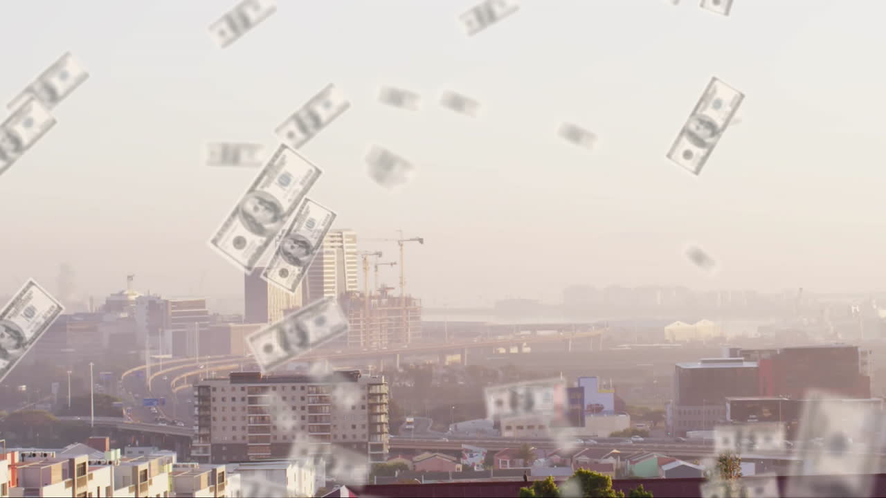 Translucent dollar bills floating across hazy skyline in 3D render, showing cranes and highway loop