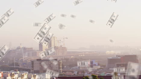 translucent dollar bills floating across hazy skyline in 3d render, showing cranes and highway loop