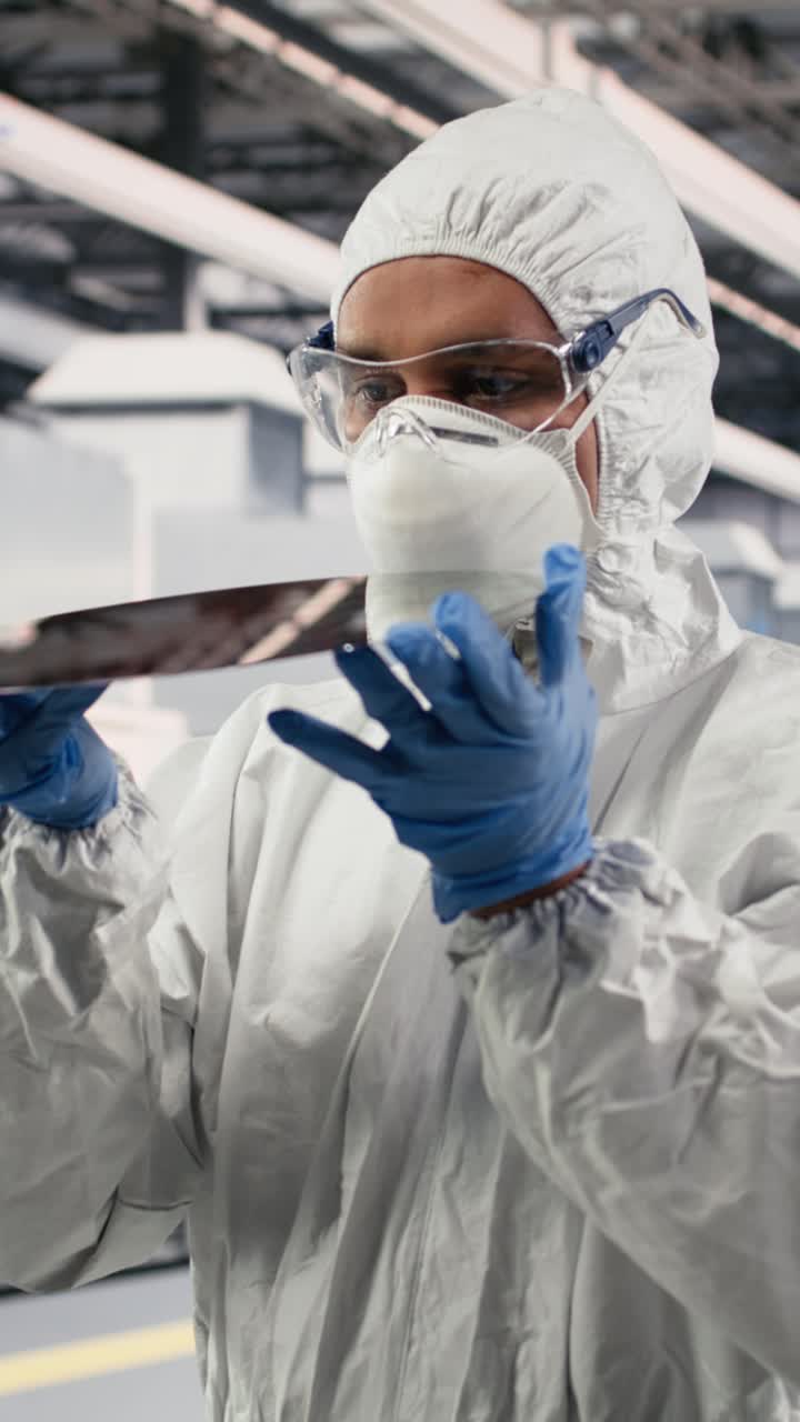 Video verticale di un tecnico di camera bianca che tiene in mano un wafer di silicio lavorato