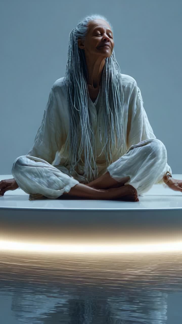 Serene Meditation: A Woman with Silver Hair and Dreadlocks Sits Calmly on a Platform Surrounded by Water, Embracing Peace and Tranquility in a Minimalist Space