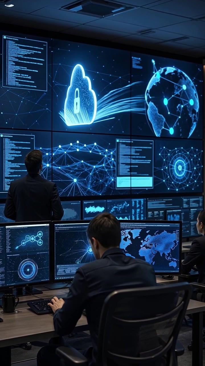Cybersecurity team monitoring global data network and cloud security in a dark command center office