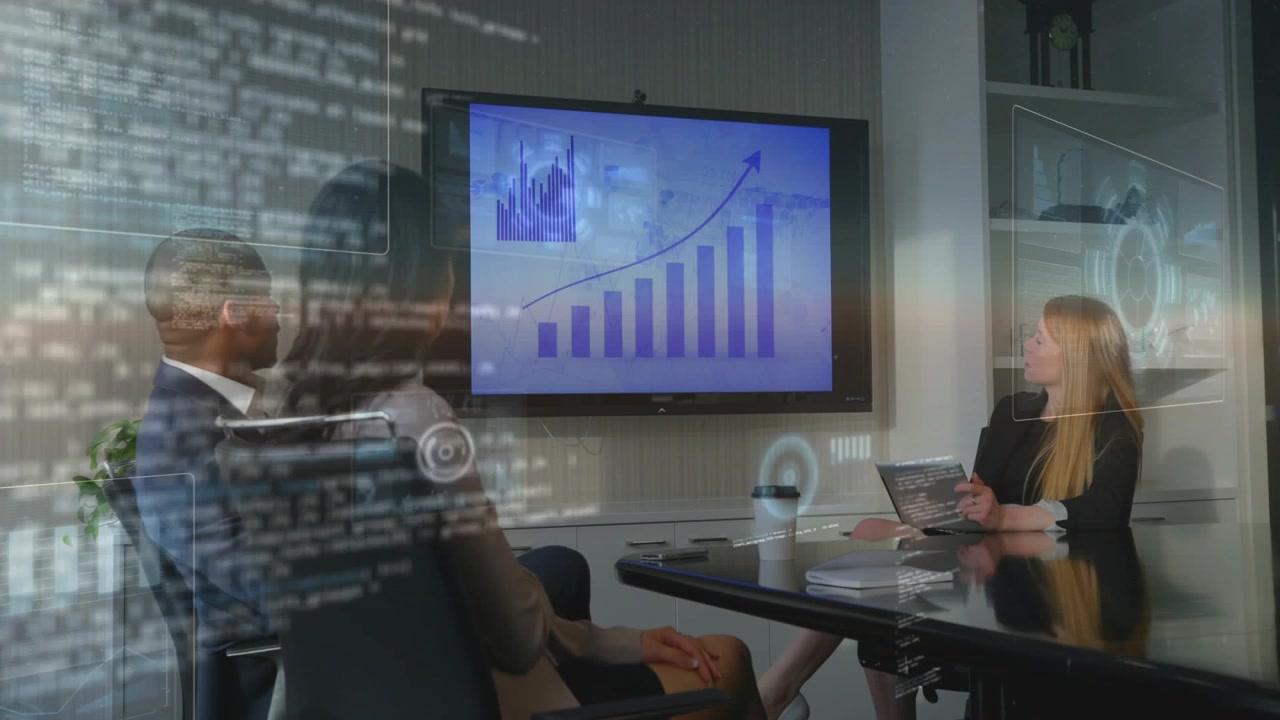 Tapping presenter using tablet leading meeting in meeting room, with display overlays, copy space