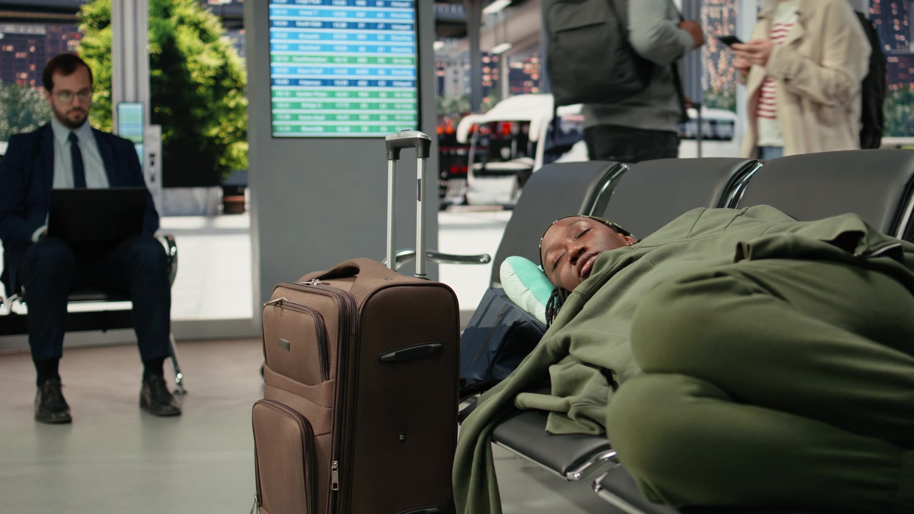 Close up of tired woman resting on bus terminal seats during long wait