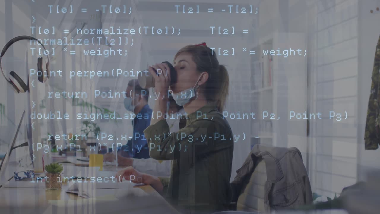 Animation of financial data processing over business people wearing face masks working in office