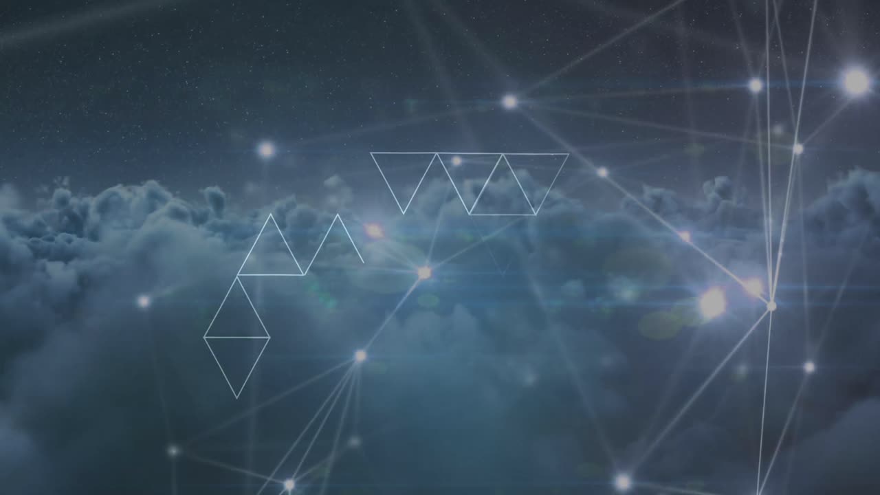 animación de la red de conexiones y triángulos en el cielo con nubes