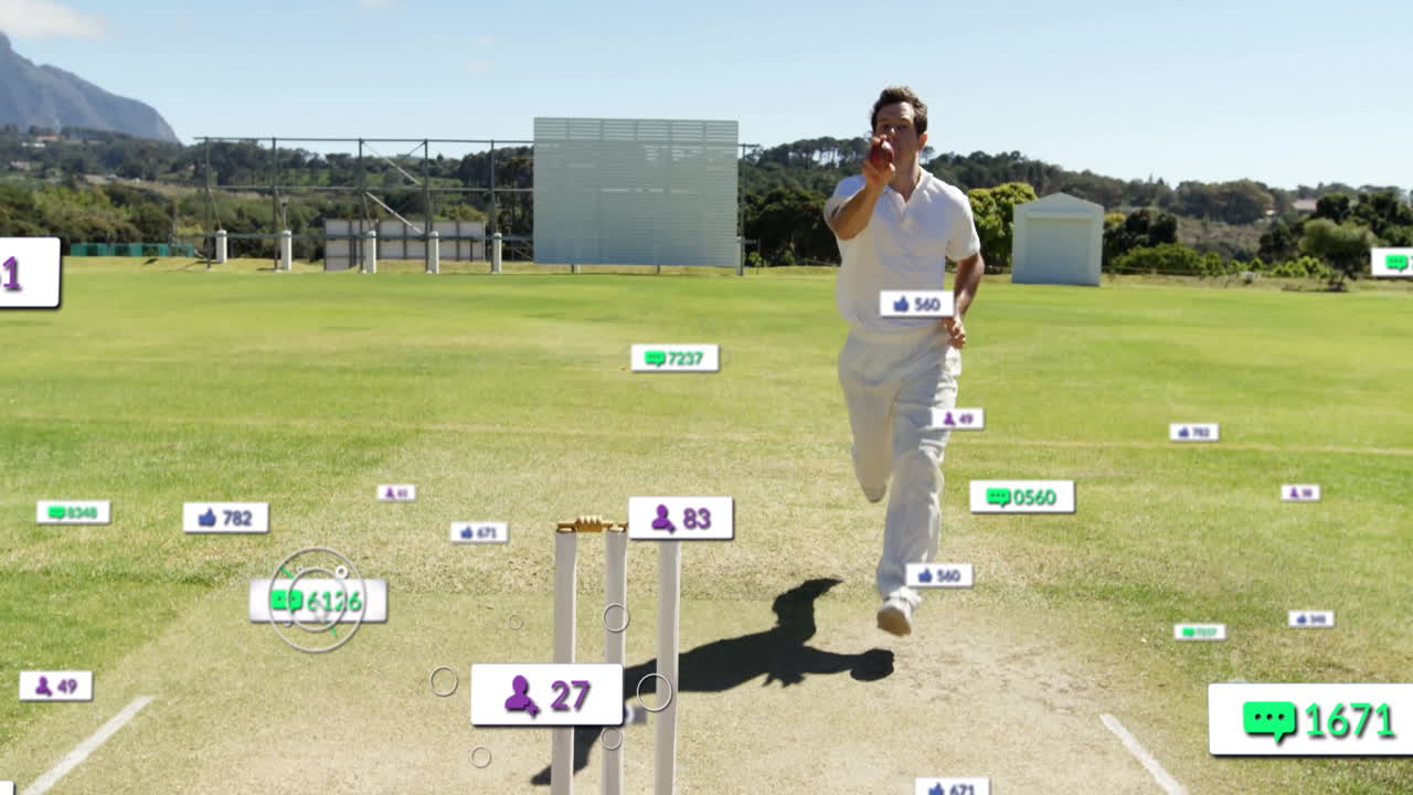 Cricket player running to bowl with social media interaction animation over field